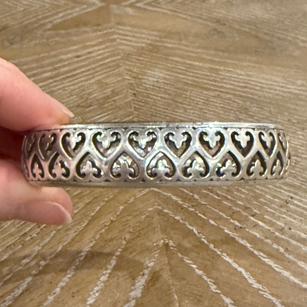 Brighton Silver Plated Open Heart Scroll Hinged Bangle Bracelet